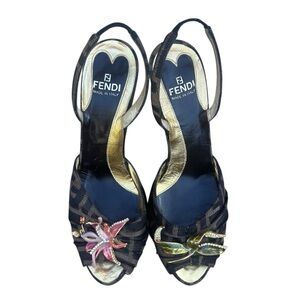 90s~FENDI~Zucca FF Monogram Enamel Crystal Flower/Leaf Cone Heel Sandal~6/6.5/36